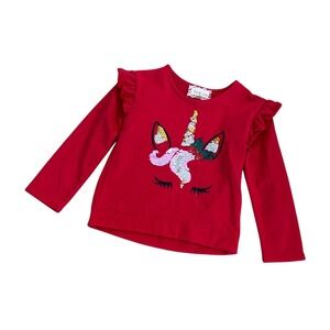 Btween Kids‎ Girls Red Unicorn Sequin Long Sleeve Ruffle Shirt Size 4